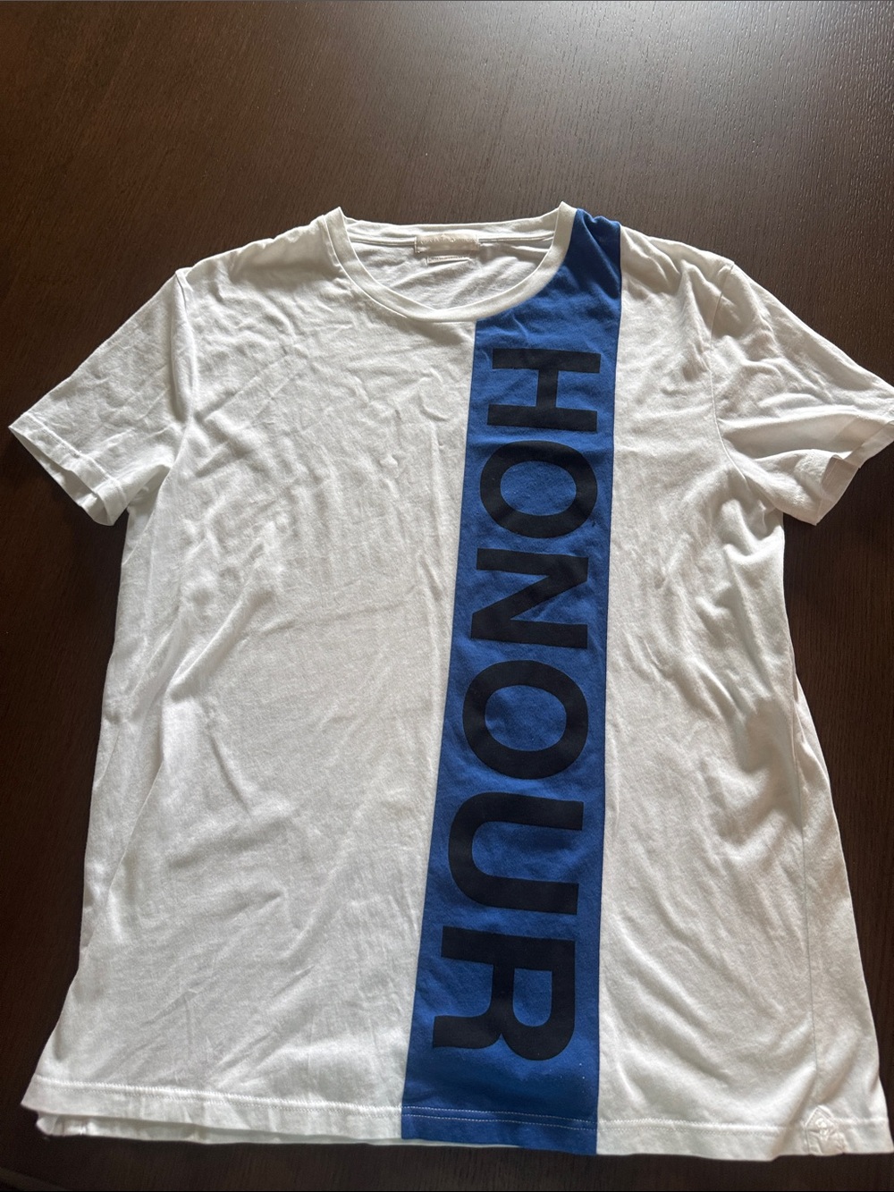 Alexander McQueen White Tee with Blue Vertical 'HONOUR' Panel